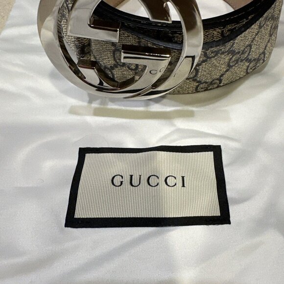 Gucci Web Beige/Blue Stripes Logo Men D-Ring Belt Size 90/36 - Picture 2 of 6